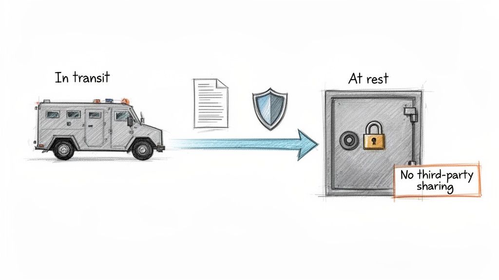 Secure document transfer from in transit (armored car) to at rest (safe) with no third-party sharing.
