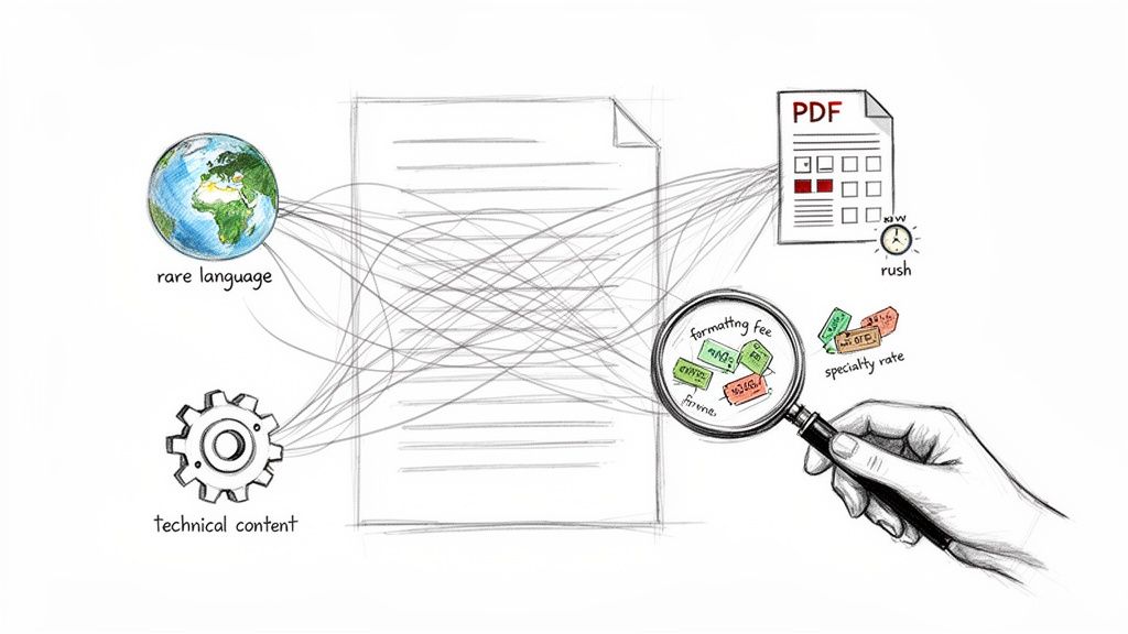 Illustration showing factors influencing translation costs: rare language, technical content, PDF format, rush, formatting, and specialty rates.