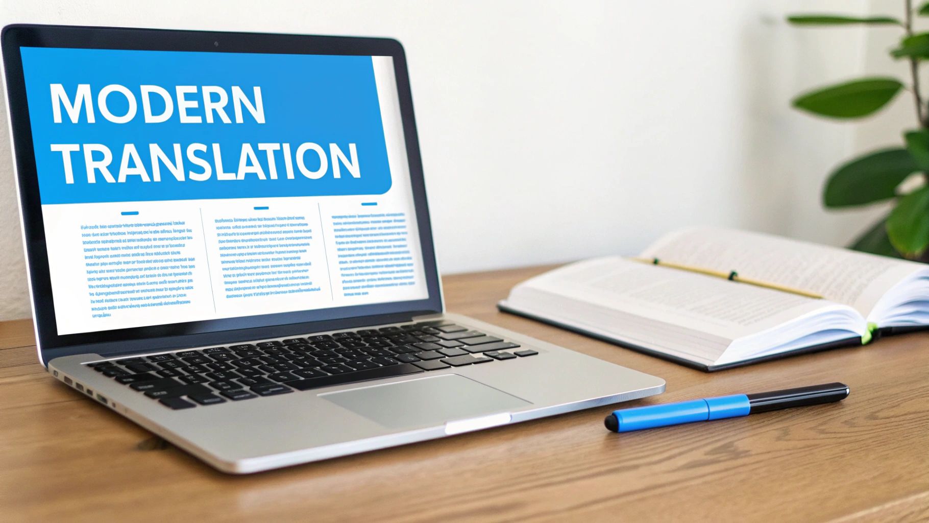 Ноутбук с текстом «СОВРЕМЕННЫЙ ПЕРЕВОД», открытая книга и ручка на деревянном столе.