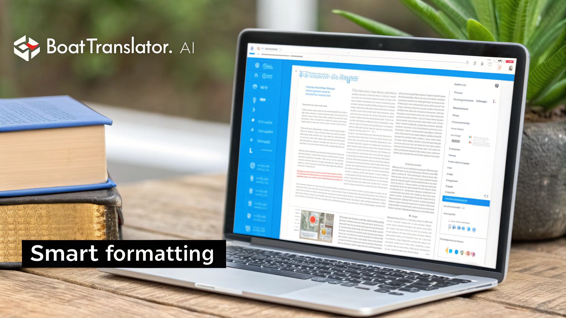 A laptop displaying BoatTranslator.AI software with a document showcasing smart formatting features and translated text.