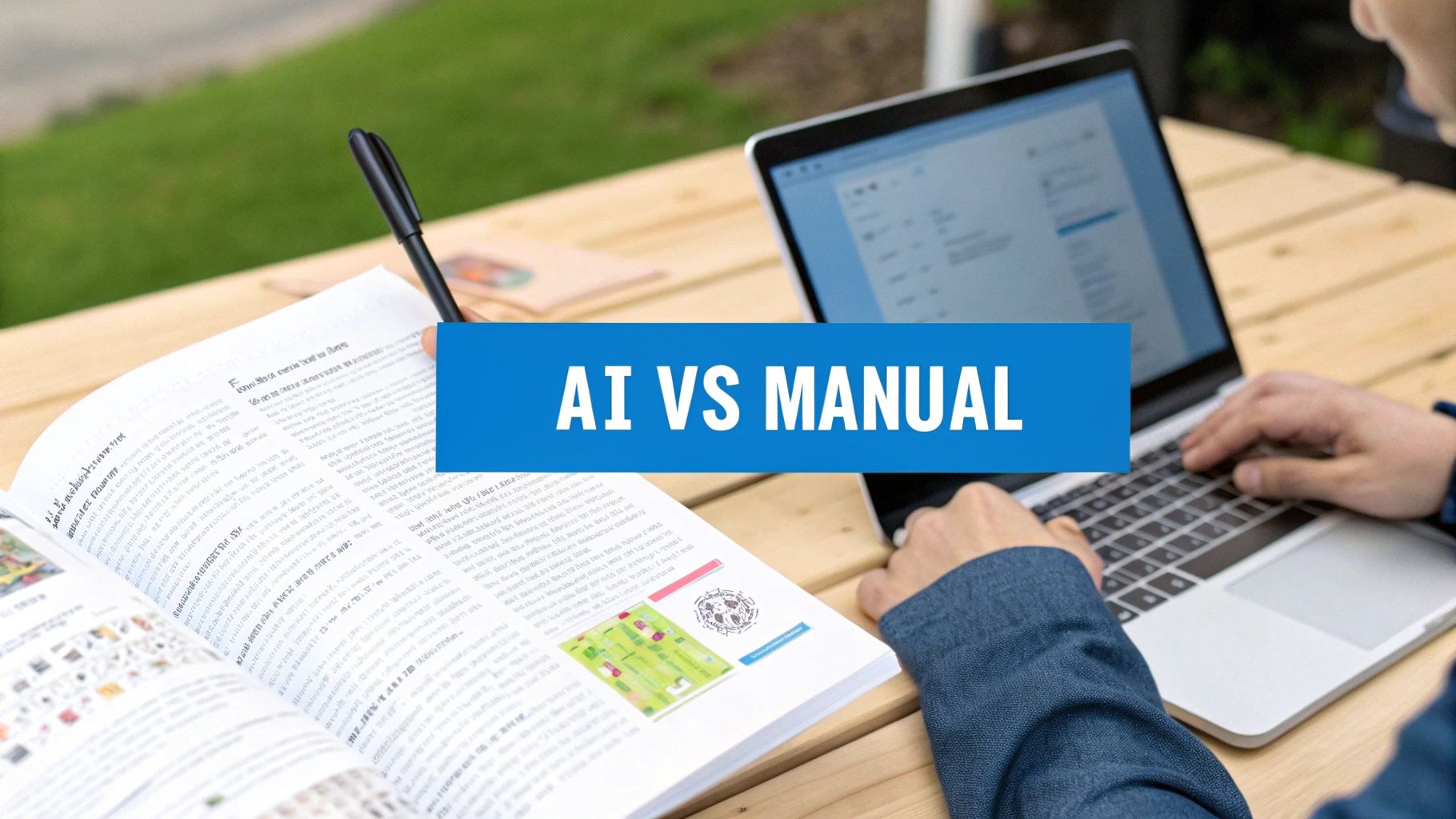 Eine Person tippt auf einem Laptop neben einem offenen Buch mit einem „KI VS MANUELL