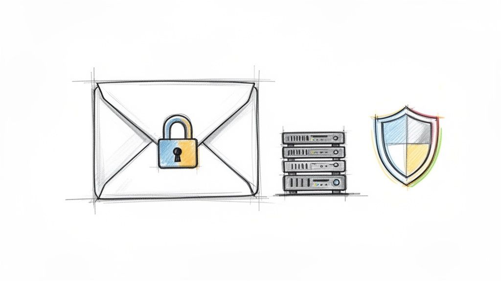 Sketch drawing of a locked envelope, server rack, and a shield, representing data security.