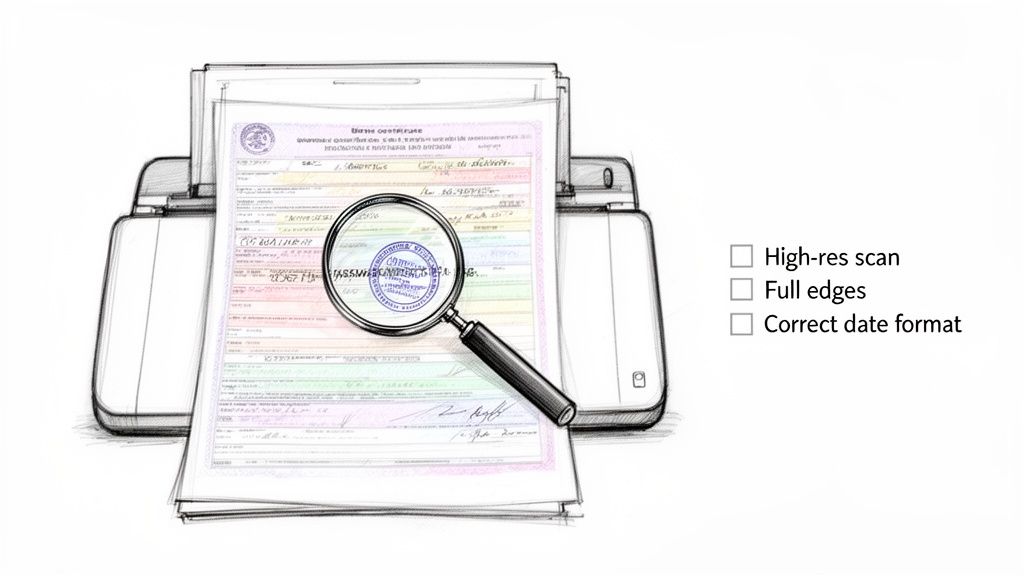 A sketch of a printer with a birth certificate, a magnifying glass on a seal, and document quality checkboxes.