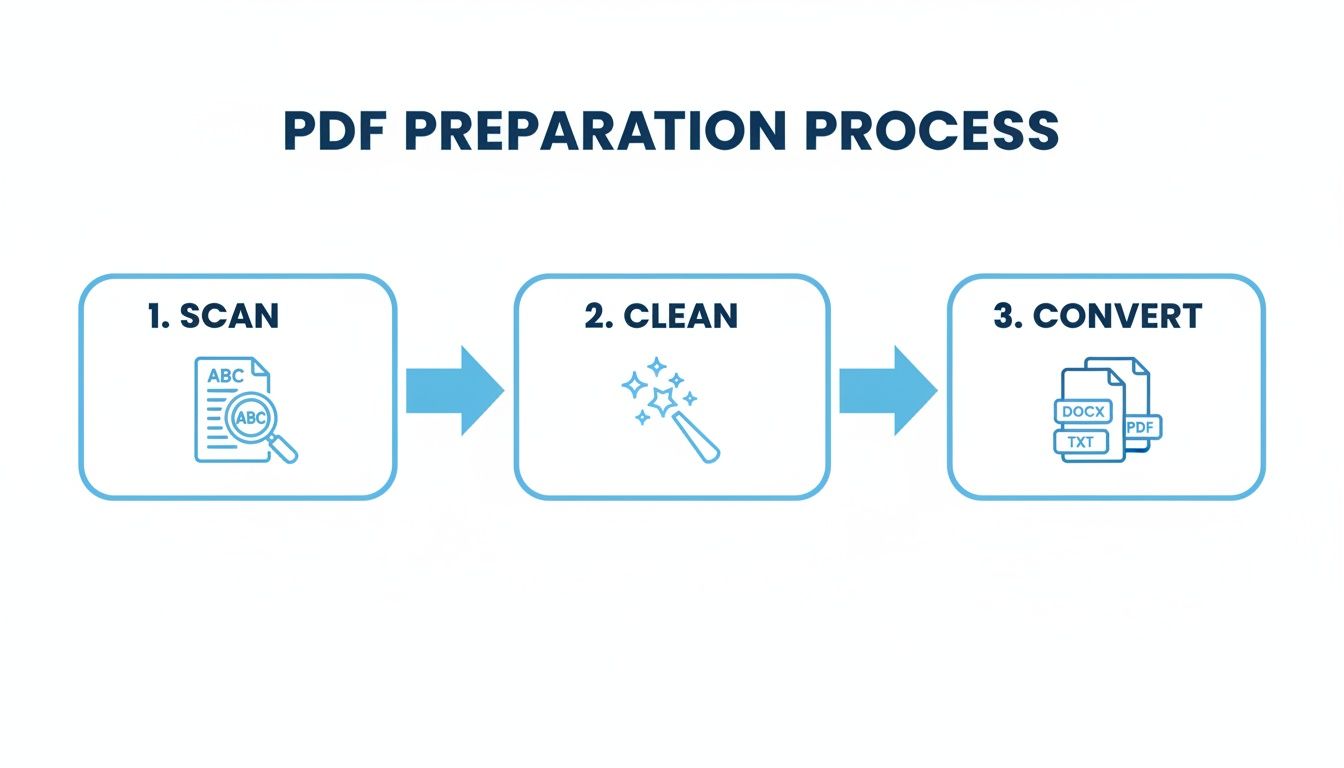 Ein Diagramm, das den PDF-Vorbereitungsprozess mit Schritten zeigt: Scannen, Reinigen und Konvertieren von Dokumenten.