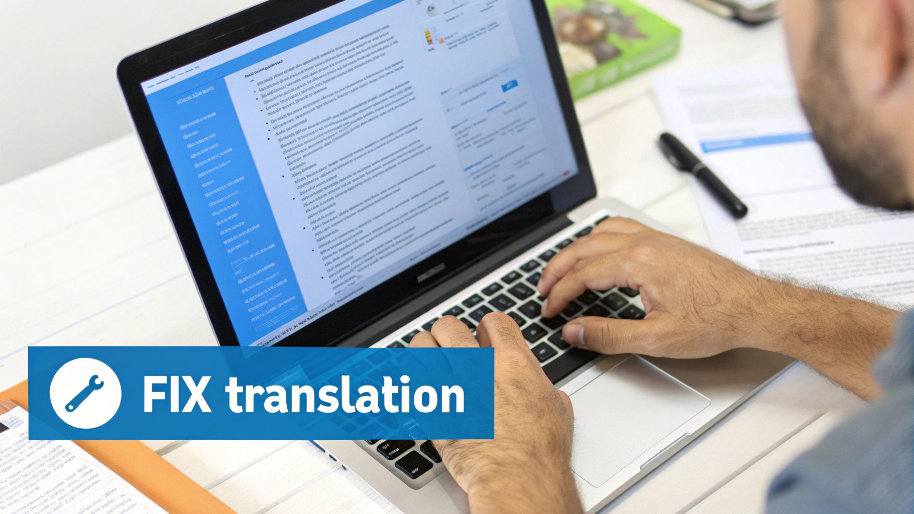 Person typing on a laptop, focusing on a screen with a blue 'FIX translation' banner overlay.