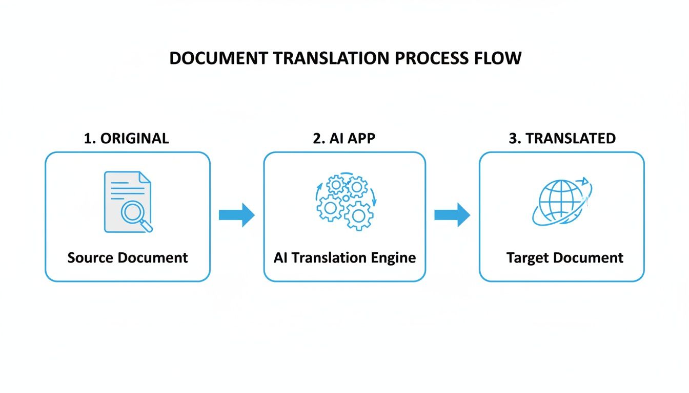 A process flow diagram illustrating document translation from original source to translated target via an AI engine.