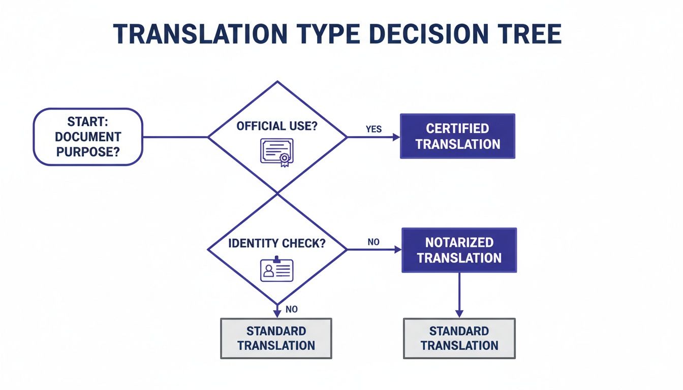 Flowchart illustrating translation types: certified, notarized, and standard, based on official use and identity checks.