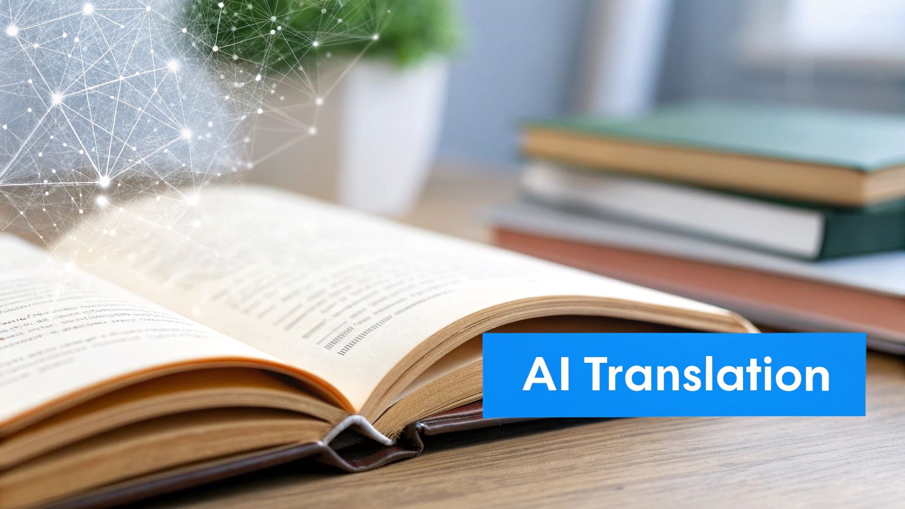 빛나는 네트워크 선, 식물, 쌓인 책이 있는 열린 책, 'AI 번역' 배너 포함.