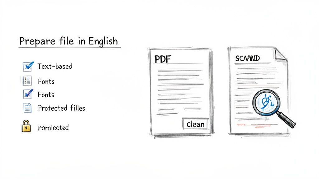 Illustration showing document preparation steps for 'Prepare file in English', comparing a clean PDF to a scanned document.