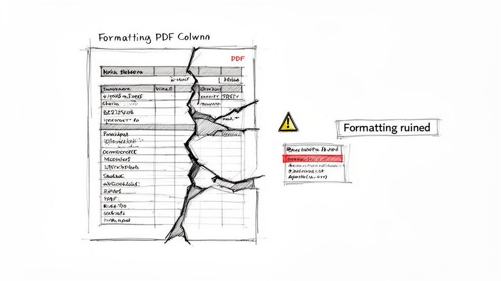 A sketch showing a PDF column with a large crack, implying corrupted formatting and data loss.