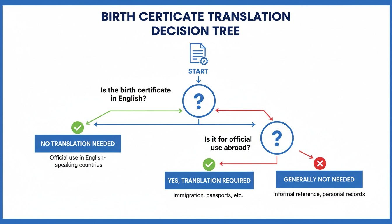 A decision tree illustrating when a birth certificate translation is needed, based on language and official use.