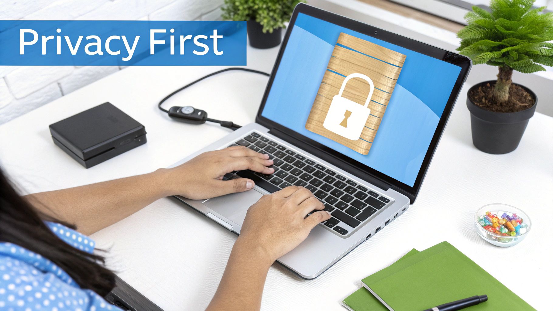 Hands typing on a laptop with a 'Privacy First' banner and a locked document icon on screen.