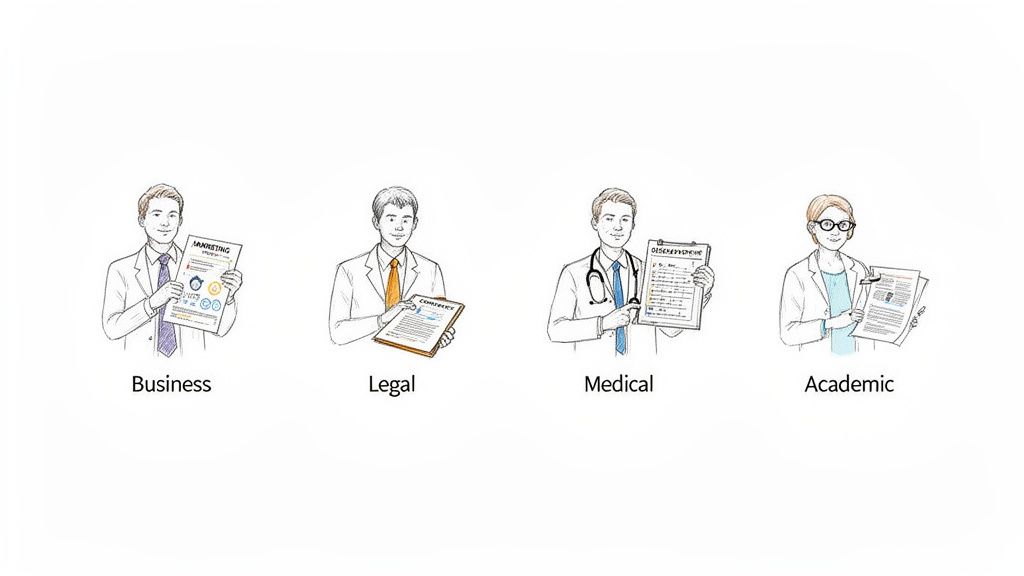 Four professionals representing business, legal, medical, and academic fields holding documents relevant to their industries.