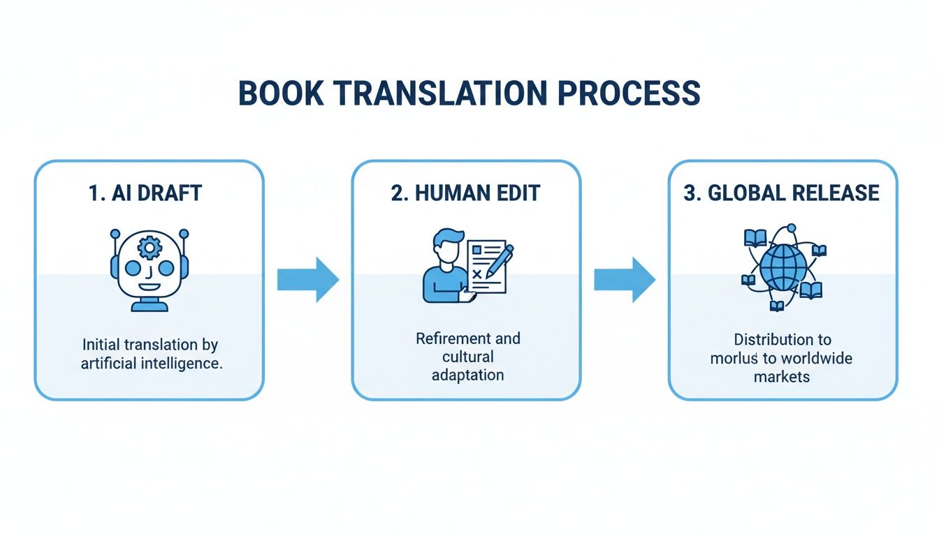 Schemat blokowy pokazujący proces tłumaczenia książki poprzez AI, edycję człowieka i dystrybucję globalną.