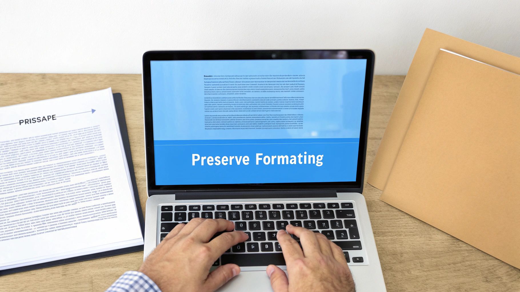 Händer som skriver på en bärbar dator som visar 'Bevara formatering' på en blå skärm, bredvid dokument och mappar.