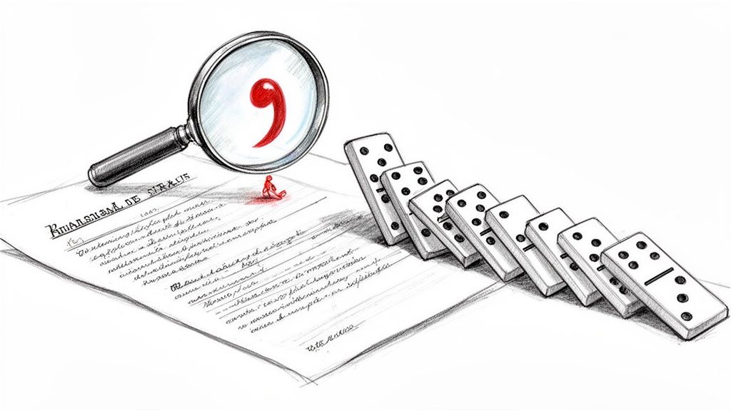 A magnifying glass highlights a red comma on a document, triggering a domino effect, with a small red figure watching.