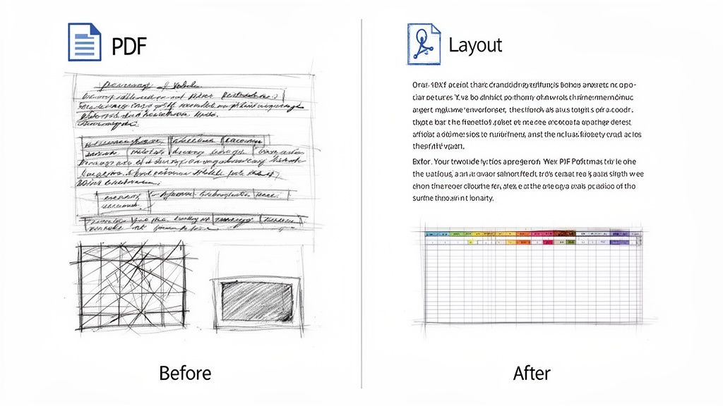 A comparison showing a handwritten PDF sketch on the left and a digital document layout with a spreadsheet on the right.