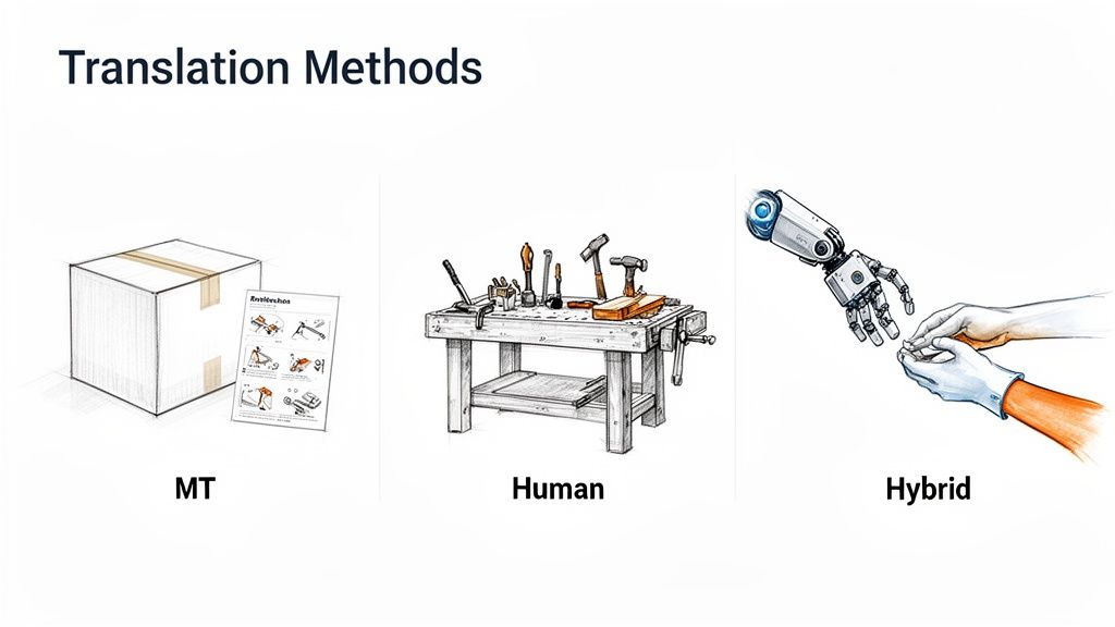 An illustration comparing machine, human, and hybrid translation methods with distinct visual metaphors.