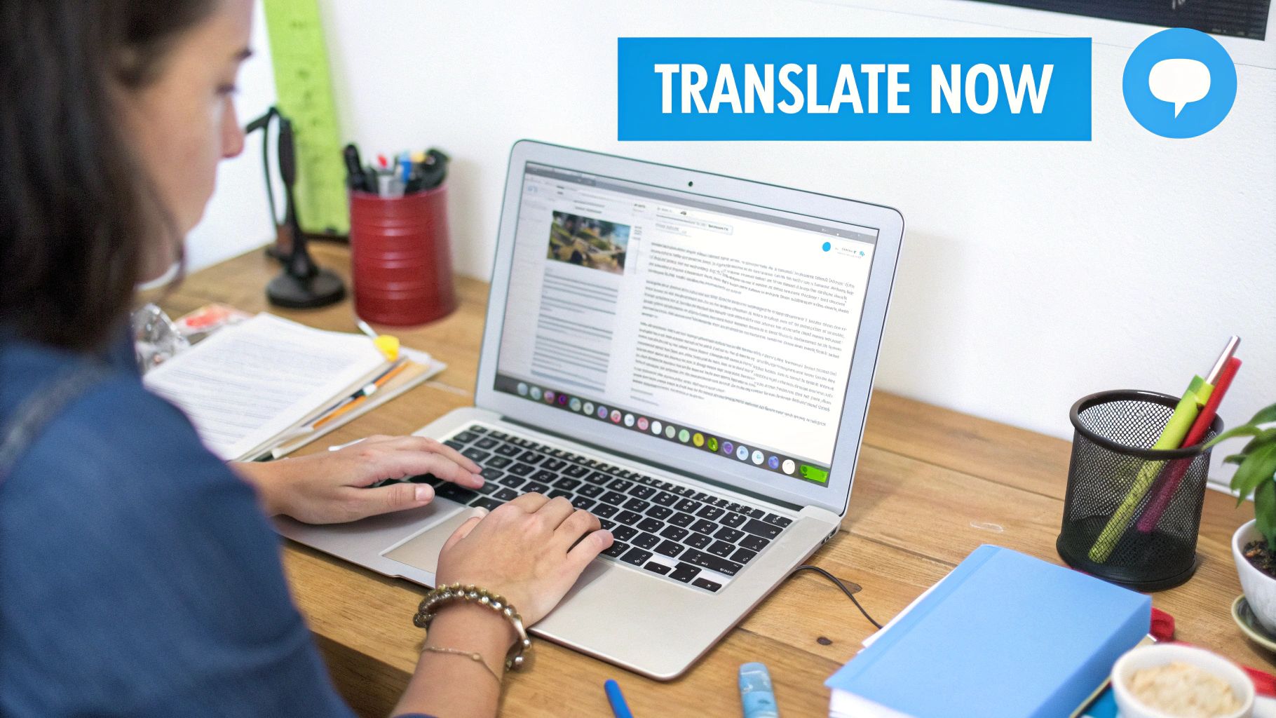 A person using a laptop at a desk, with 'TRANSLATE NOW' overlay, for web translation.