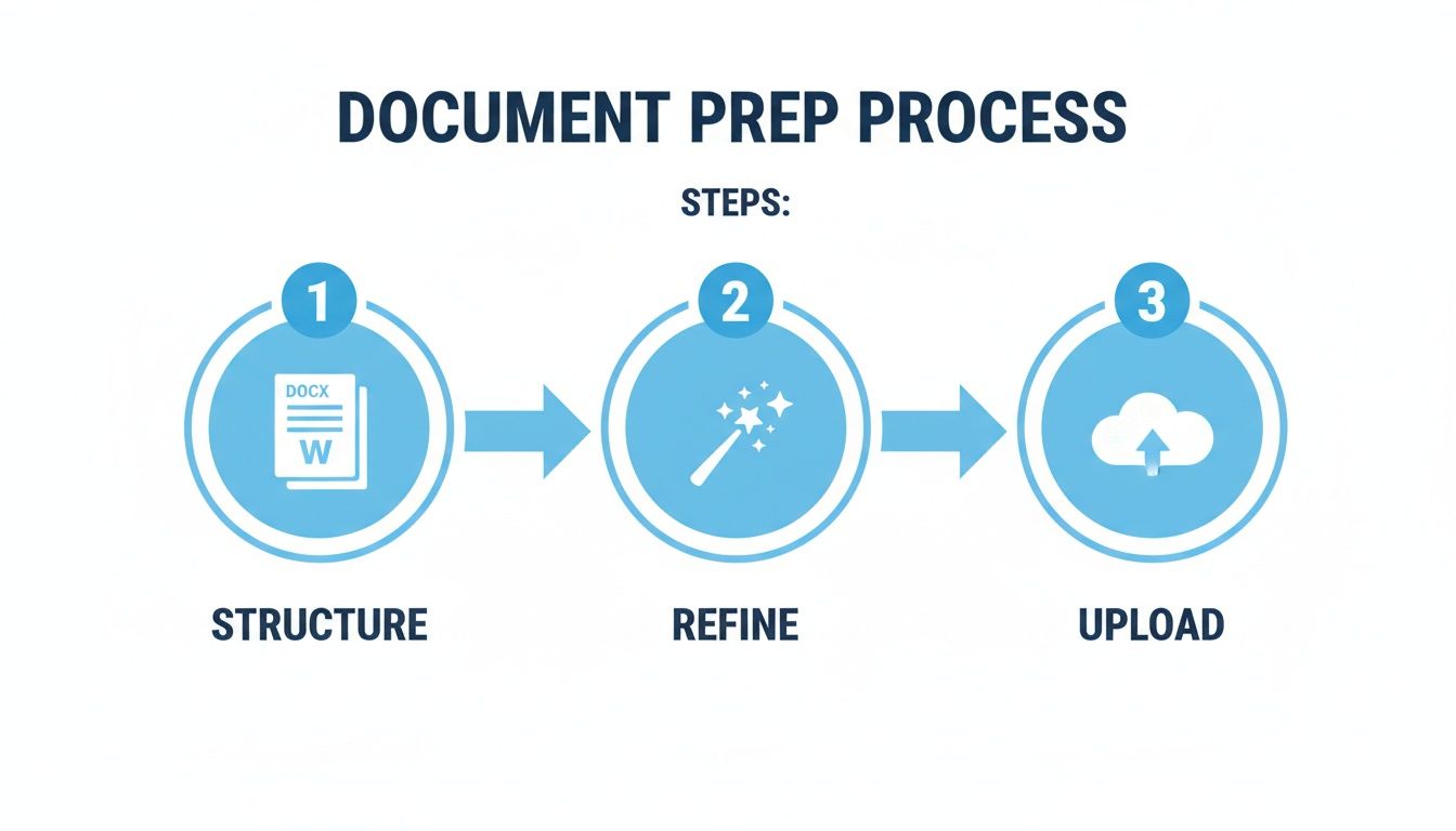 Wizualna reprezentacja trzystopniowego procesu przygotowania dokumentu: struktura, ulepszenie i przesłanie.