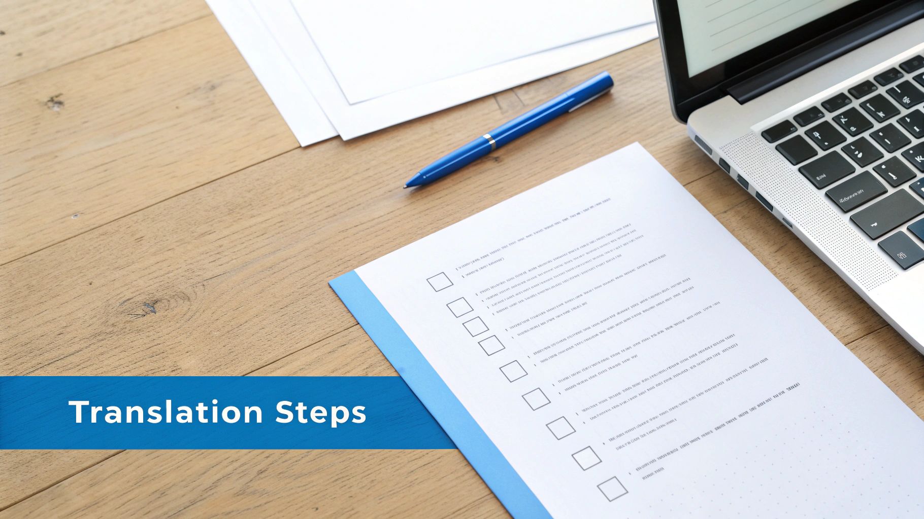 En platt läggning av ett skrivbord med en bärbar dator, blå penna, papper och ett dokument med checklistan 