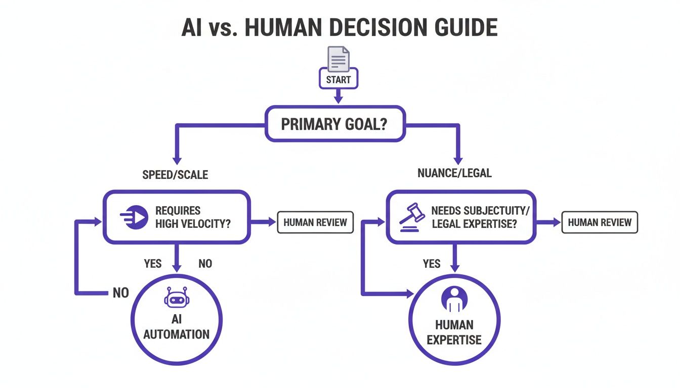 Flowchart guiding the decision between AI automation and human expertise based on primary goals.