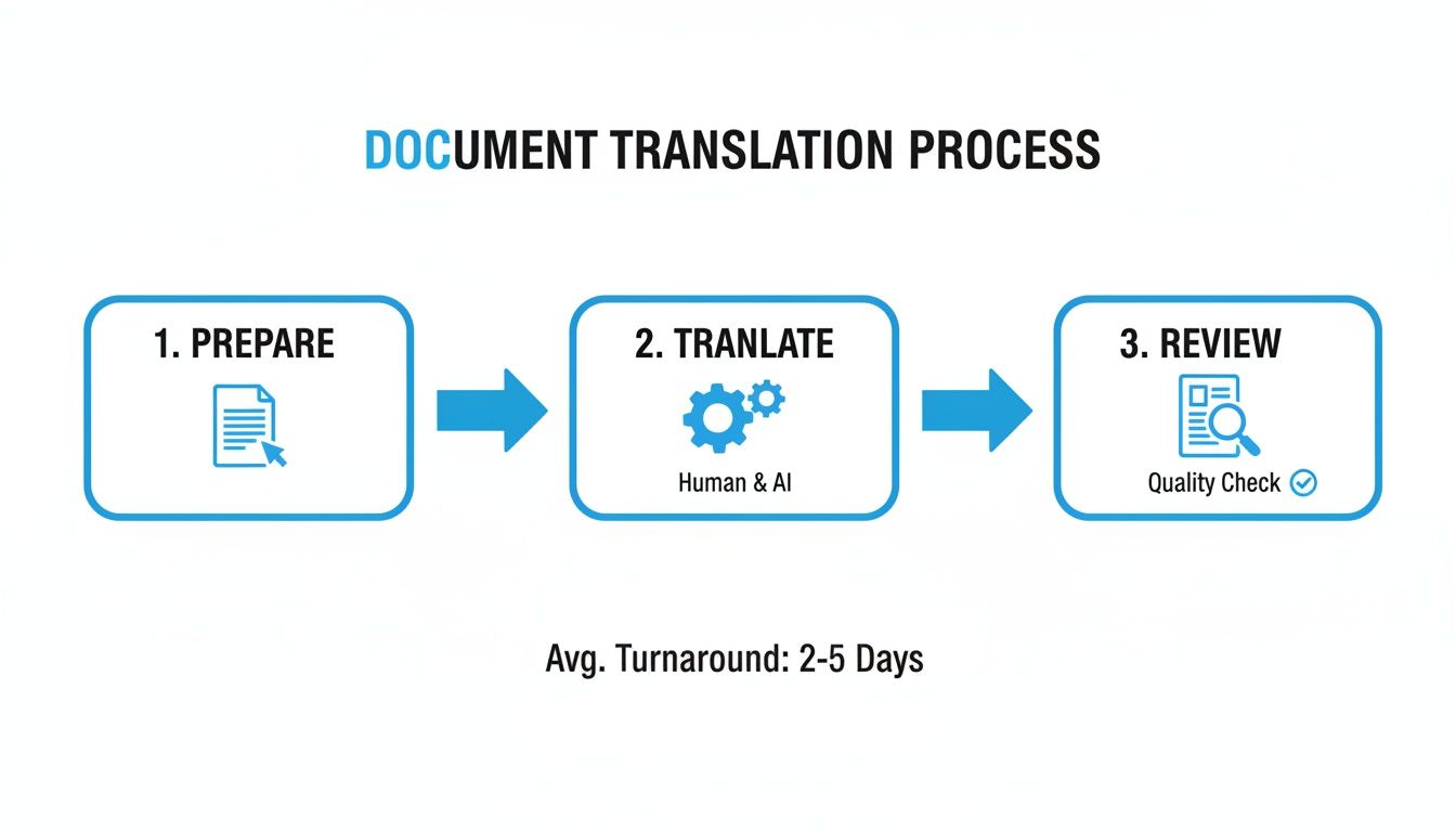 Etapas do processo de tradução de documentos: preparar, traduzir com humano e IA, e revisar para garantia de qualidade.