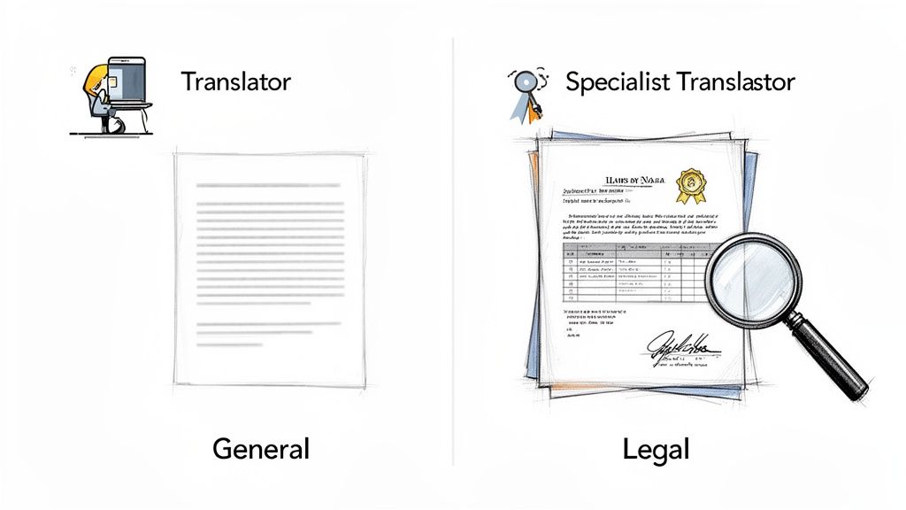 Visual comparison showing a general translator for everyday documents versus a specialist for legal documents.