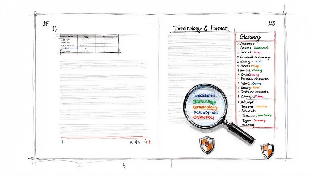 Um esboço de duas páginas de caderno mostrando um glossário de termos, uma tabela e uma lupa sobre 'terminologia consistente'.