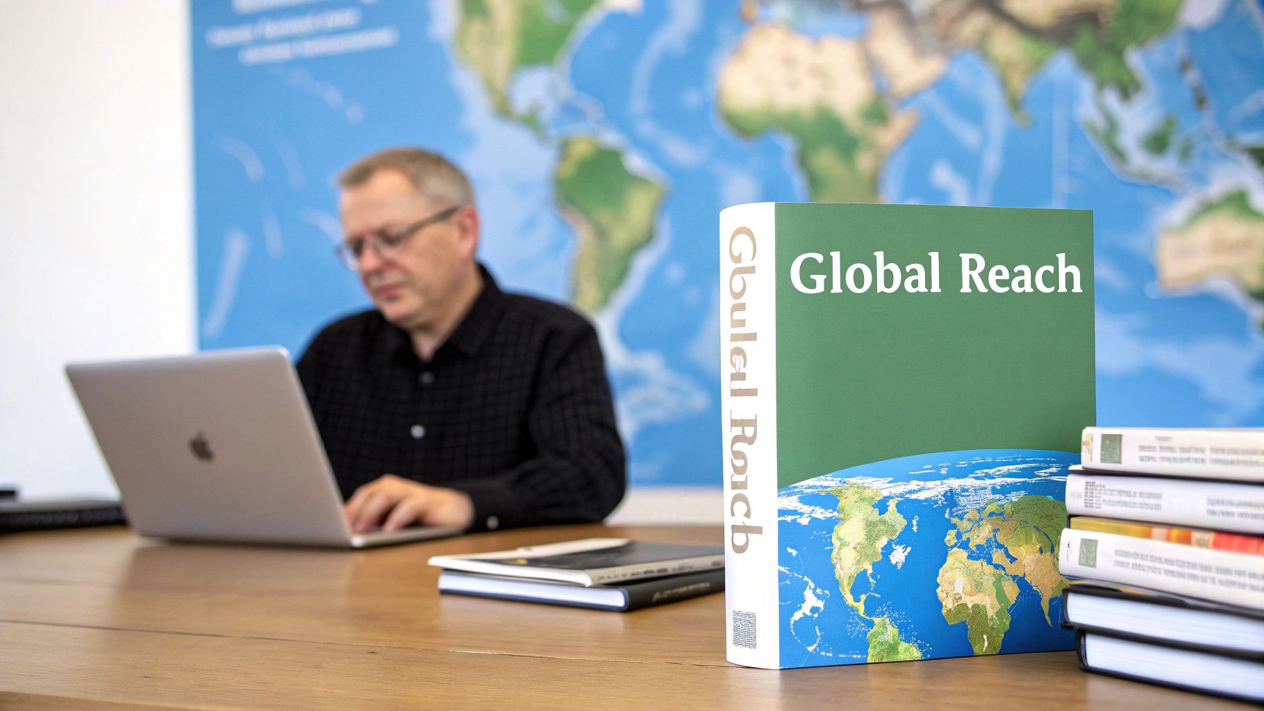 رجل يعمل على جهاز كمبيوتر محمول، مع كتاب بعنوان 'الوصول العالمي' يعرض خريطة العالم.