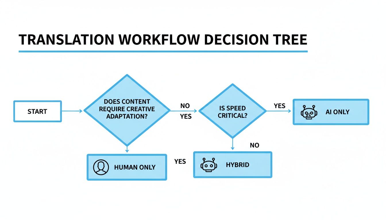 Schemat blokowy przepływu pracy tłumaczenia przedstawiający wybory między tłumaczeniem człowieka, AI i hybrydowym na podstawie treści i szybkości.
