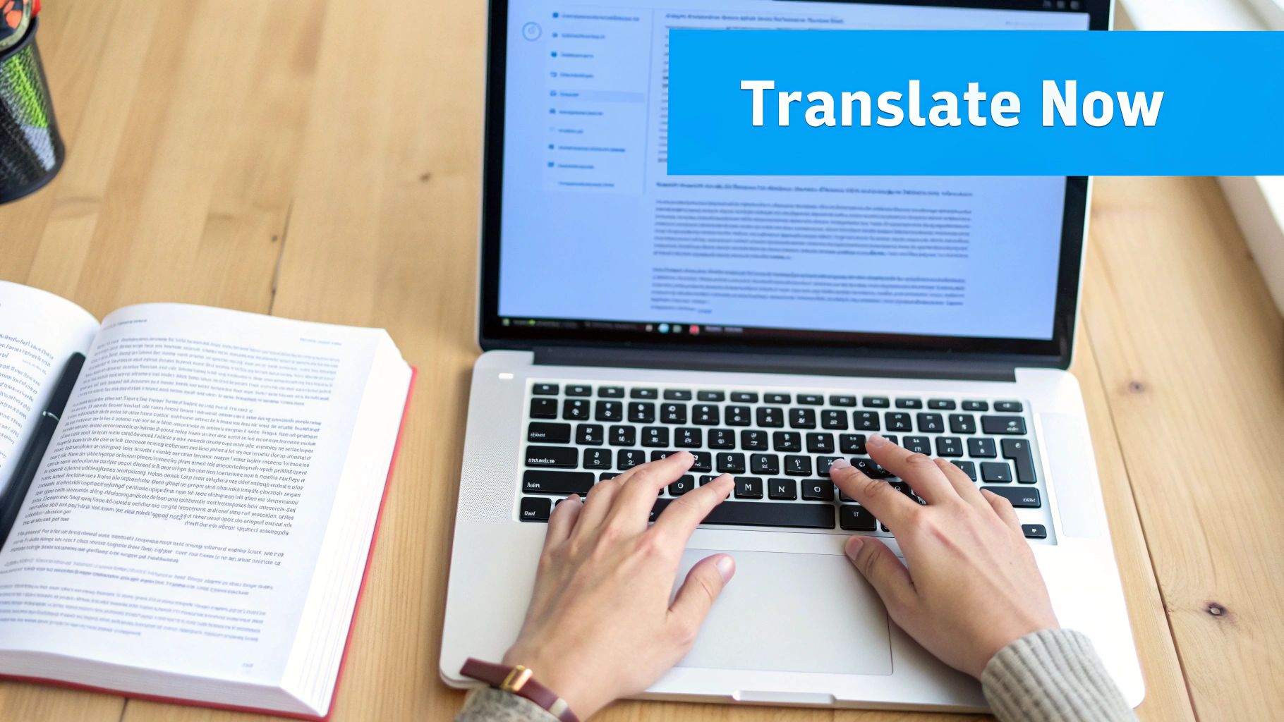 A person typing on a laptop showing 'Translate Now' on the screen, with an open book on a wooden desk.