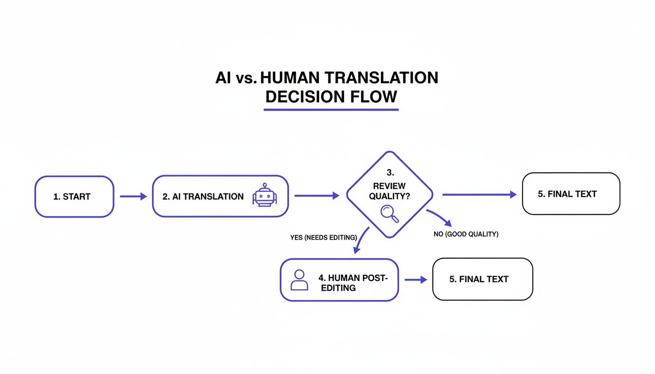 Flowchart illustrating the AI vs. human translation decision process, from start to final text.