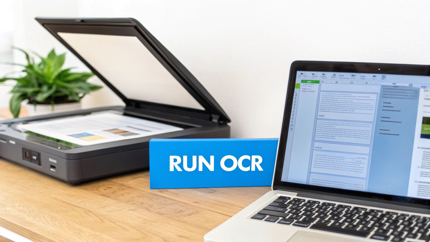 ماسح مستندات يحتوي على صفحة جاهزة لـ OCR، بجانب كمبيوتر محمول وعلامة 'تشغيل OCR'.
