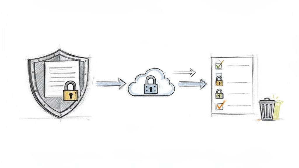 Diagram of secure data protection: a locked document moves from a shield to a cloud, then to a categorized list.