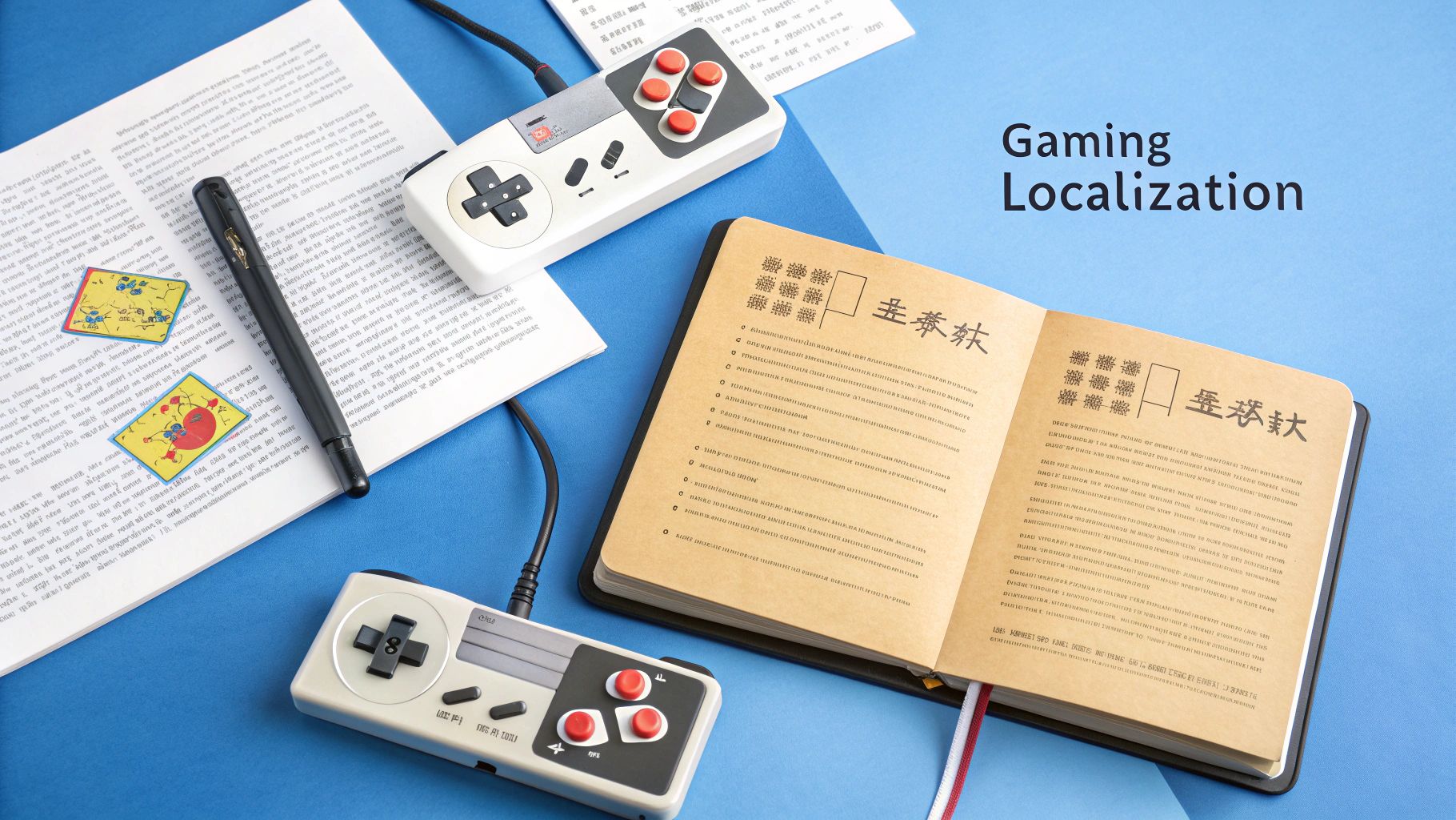 Zabytkowe kontrolery gier, otwarty notatnik z azjatyckim tekstem i dokumenty na niebieskim tle, ilustrujące lokalizację gier.