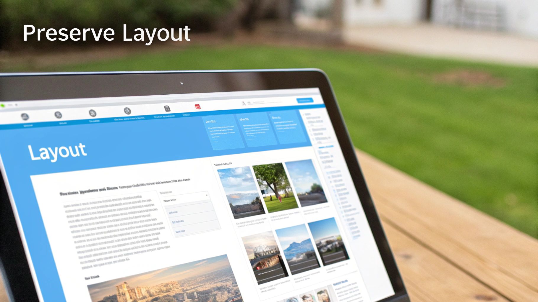 Una tablet muestra un sitio web titulado 'Diseño' con texto e imágenes múltiples, colocada al aire libre en una mesa de madera.