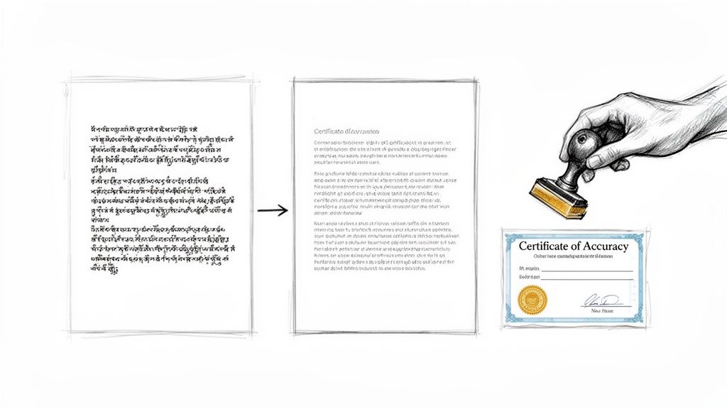 رسم توضيحي لعملية ترجمة المستندات، من نص غير معروف إلى مستند معتمد.