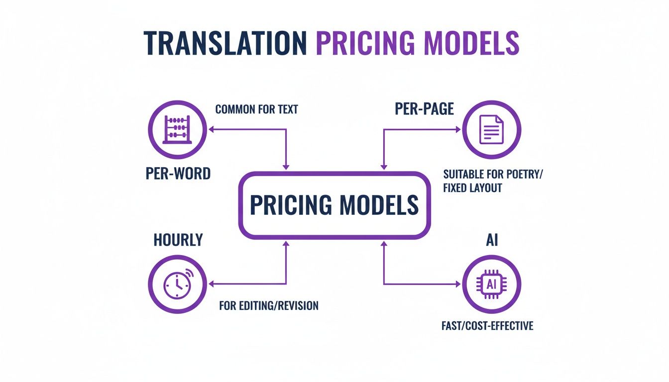 Infographic displaying various translation pricing models including per-word, per-page, hourly, and AI options.