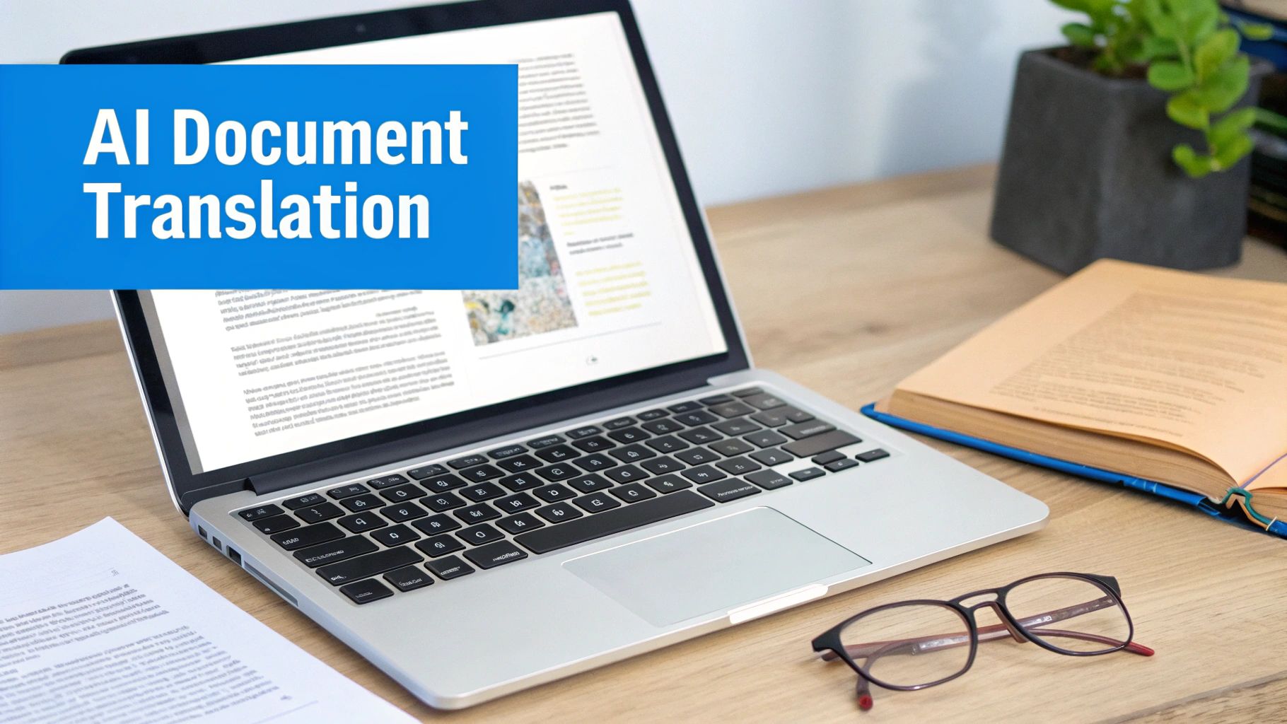 Um laptop exibindo um documento com sobreposição de texto 'Tradução de Documentos com IA' em uma mesa de madeira, ao lado de óculos e um livro.