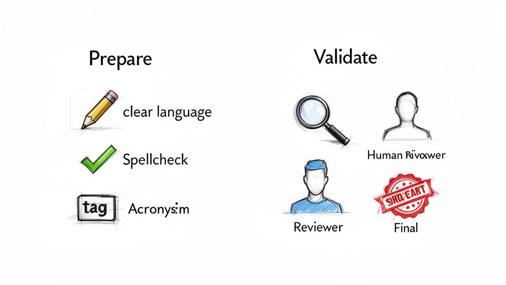 Diagram outlining steps to prepare documents, including clear language, spellcheck, and acronyms, followed by validation and review.