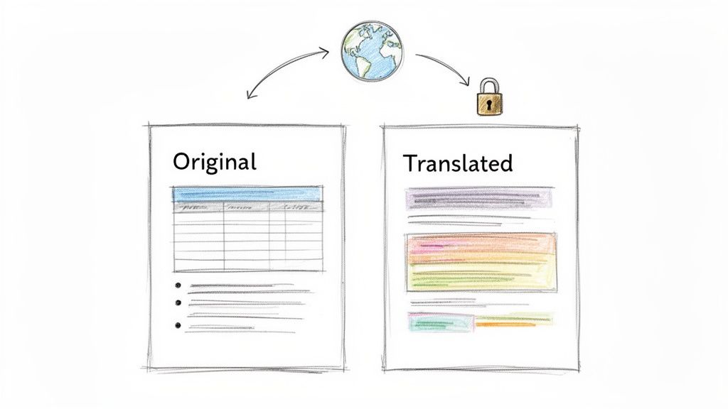 An illustration depicts an original document transformed into a secure, translated document through global online services.