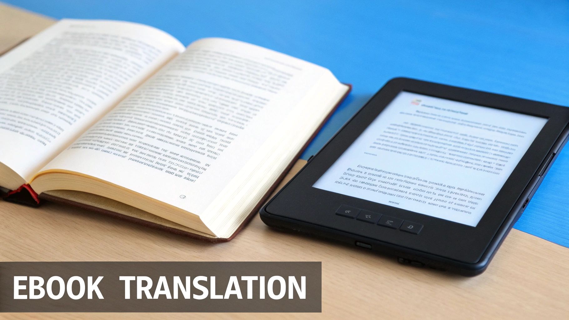 An open physical book next to an e-reader displaying text, with 'EBOOK TRANSLATION' overlaid.