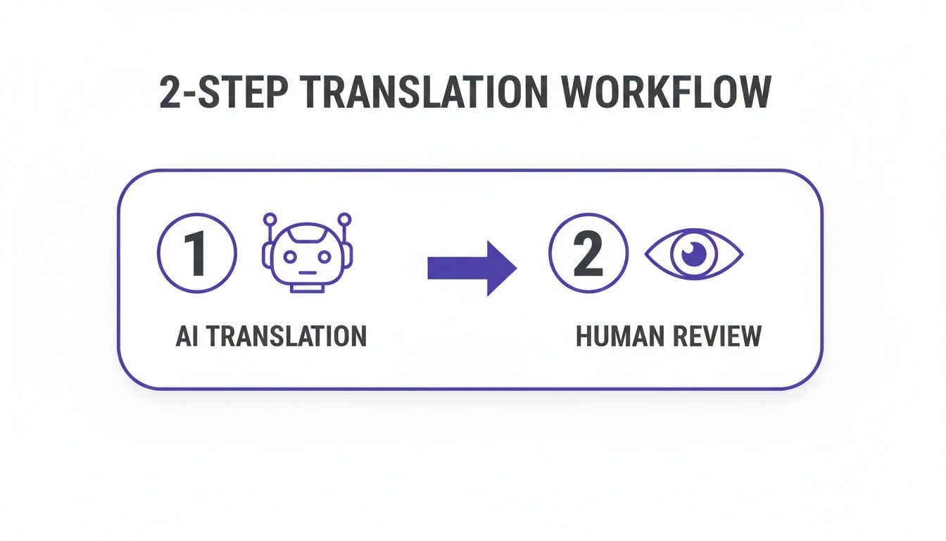 Diagram illustrating a 2-step translation workflow: AI translation followed by human review.