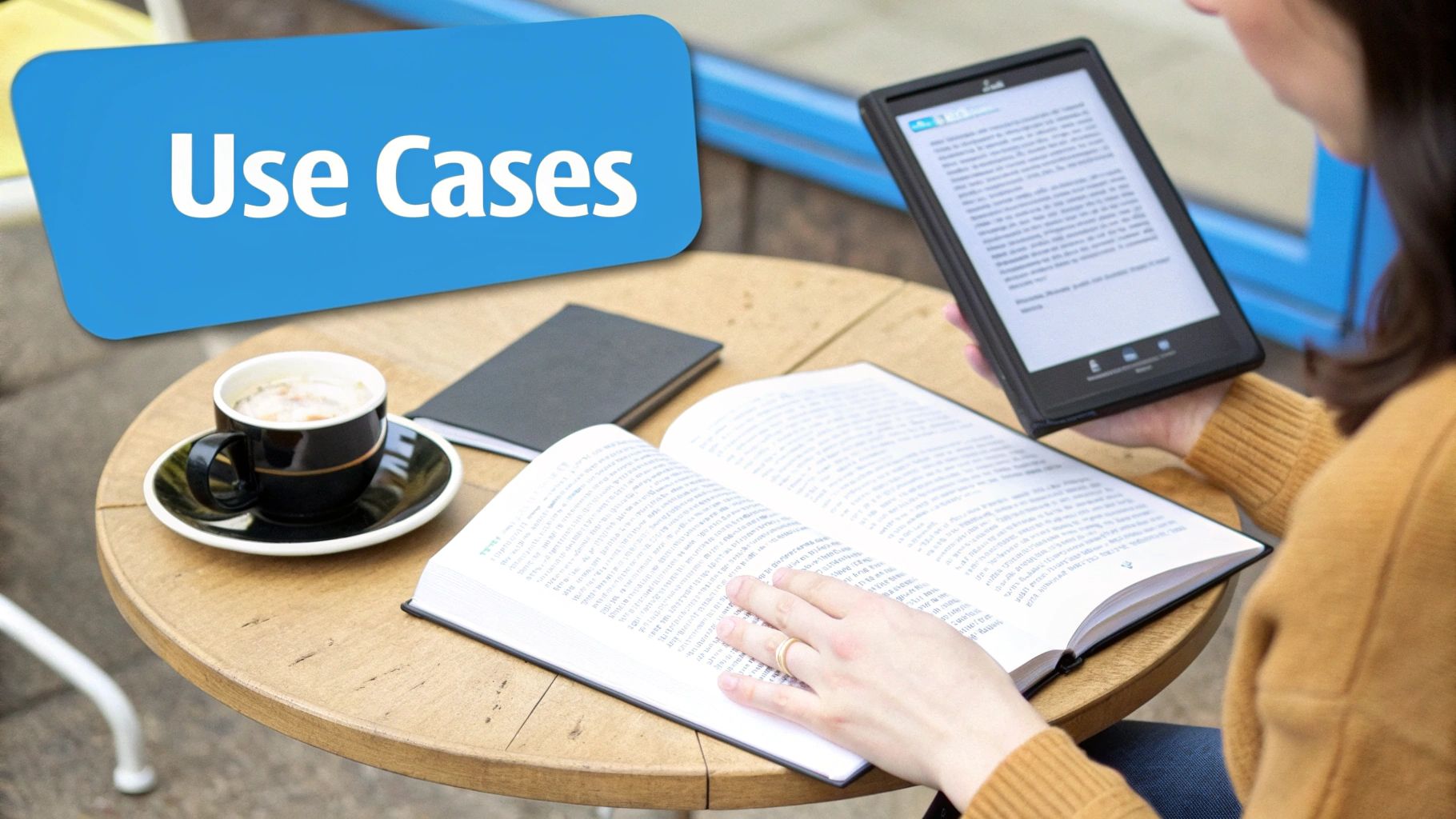 A person reads a physical book and an e-reader at a cafe table with coffee and a notebook.