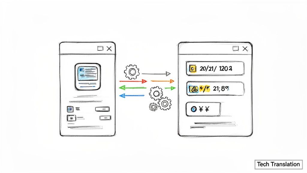 Illustration of technology translation process between two software windows with gears and currency conversion.
