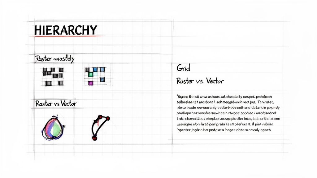 Hiérarchie esquissée des graphiques raster vs vectoriels, illustrant les grilles de pixels et les chemins vectoriels sur du papier quadrillé.
