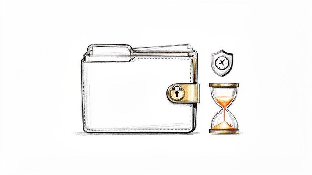 A sketch illustration shows a locked folder, a shield with a clock, and an hourglass, symbolizing secure time management.