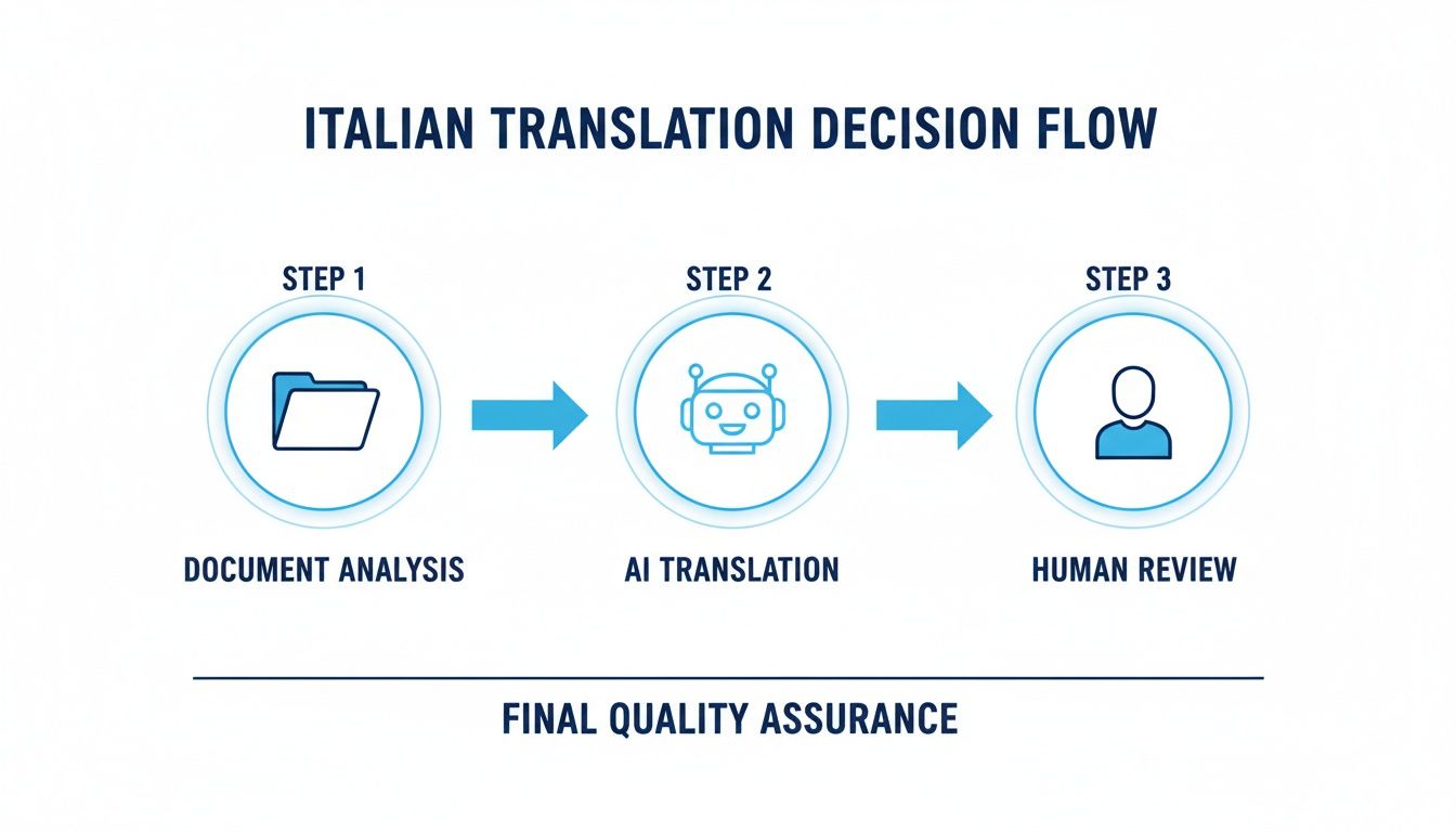 Un diagrama de flujo que muestra el flujo de decisión de traducción del italiano: análisis de documento, traducción por IA, revisión humana, seguida de garantía final de calidad.