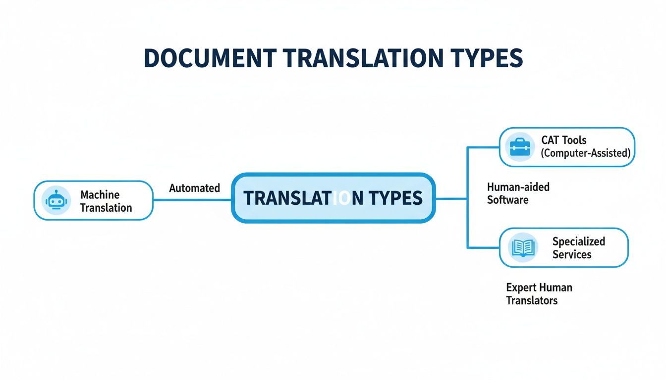 Carte mentale illustrant différents types de traduction de documents, y compris la traduction automatique et les services logiciels assistés par l'humain.